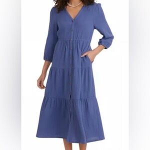Marine Layer Willow Cotton Gauze Button Front Midi Dress Periwinkle Blue XL